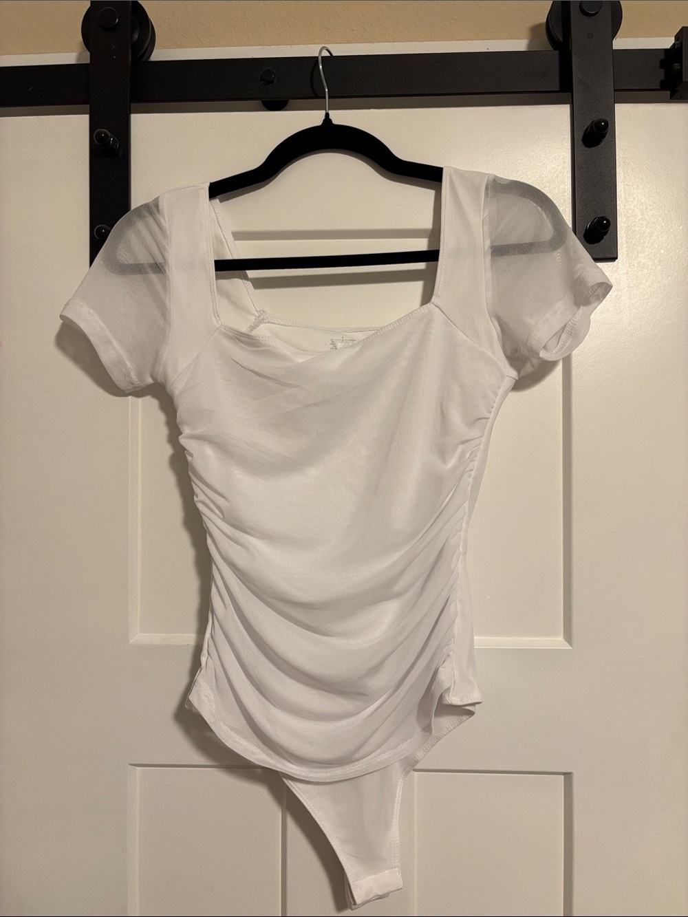 White Ruched Square-Neck Short Sleeve Bodysuit